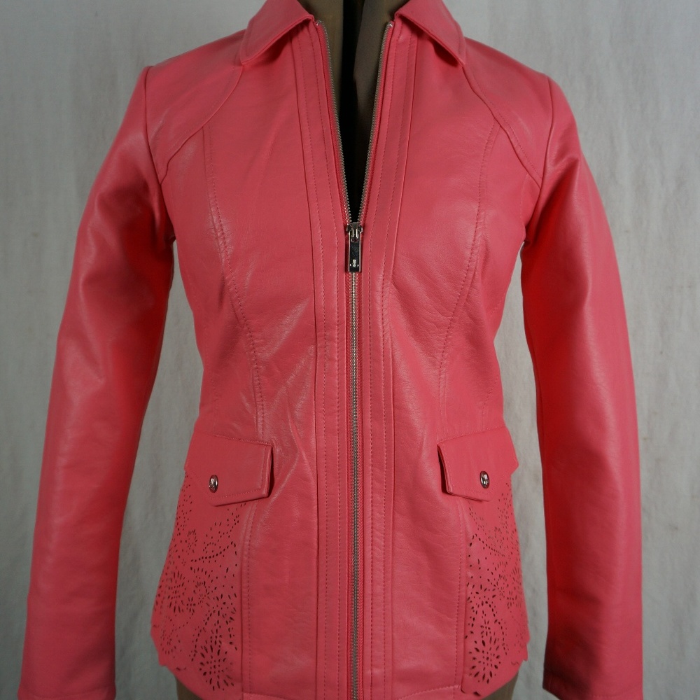 Dennis Basso Coral Faux Leather Perforated Jacket